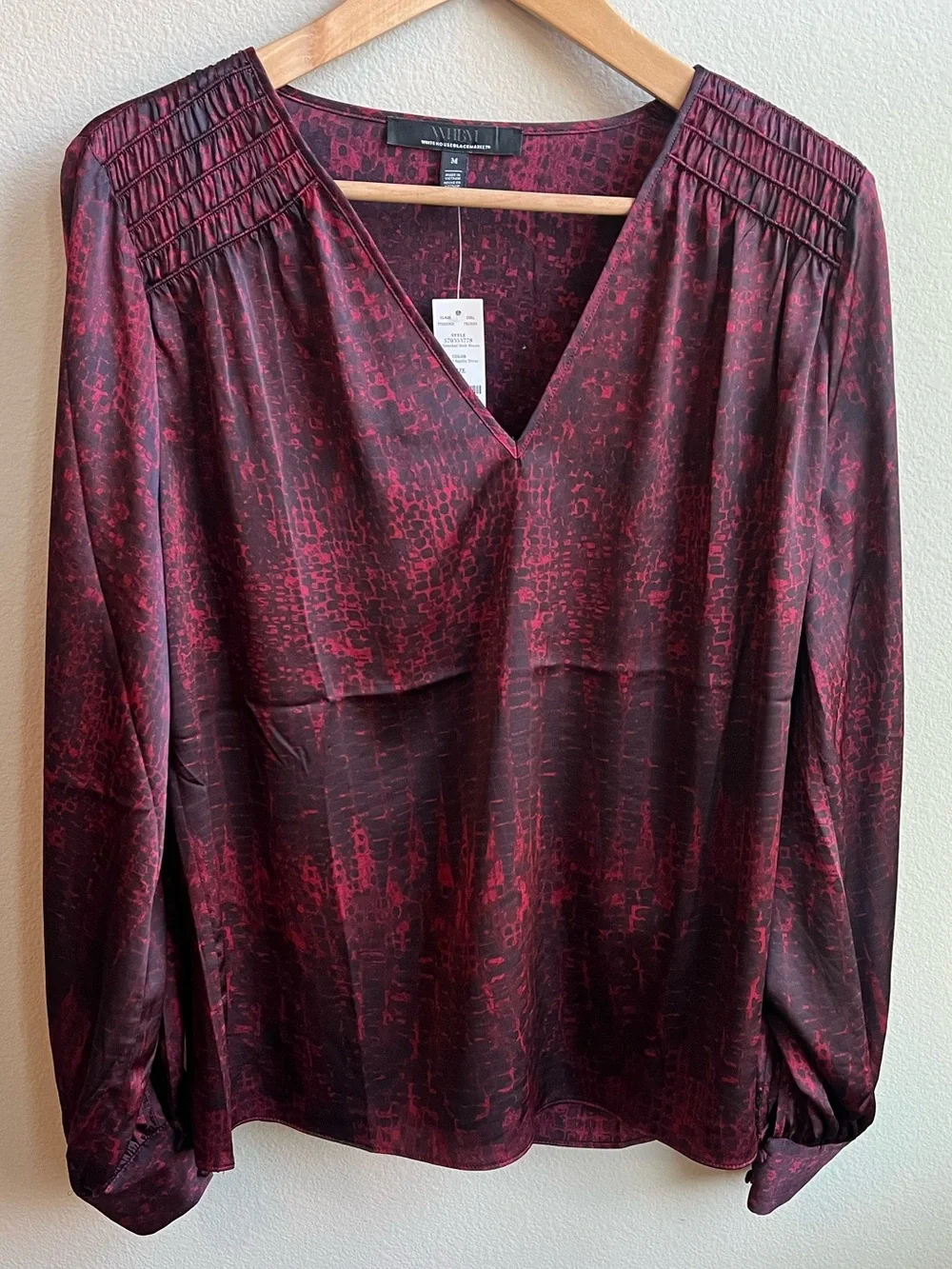 White House Black Market Deep Red & Black Smocked V-Neck Long Sleeve Blouse Chic - Picture 2 of 7
